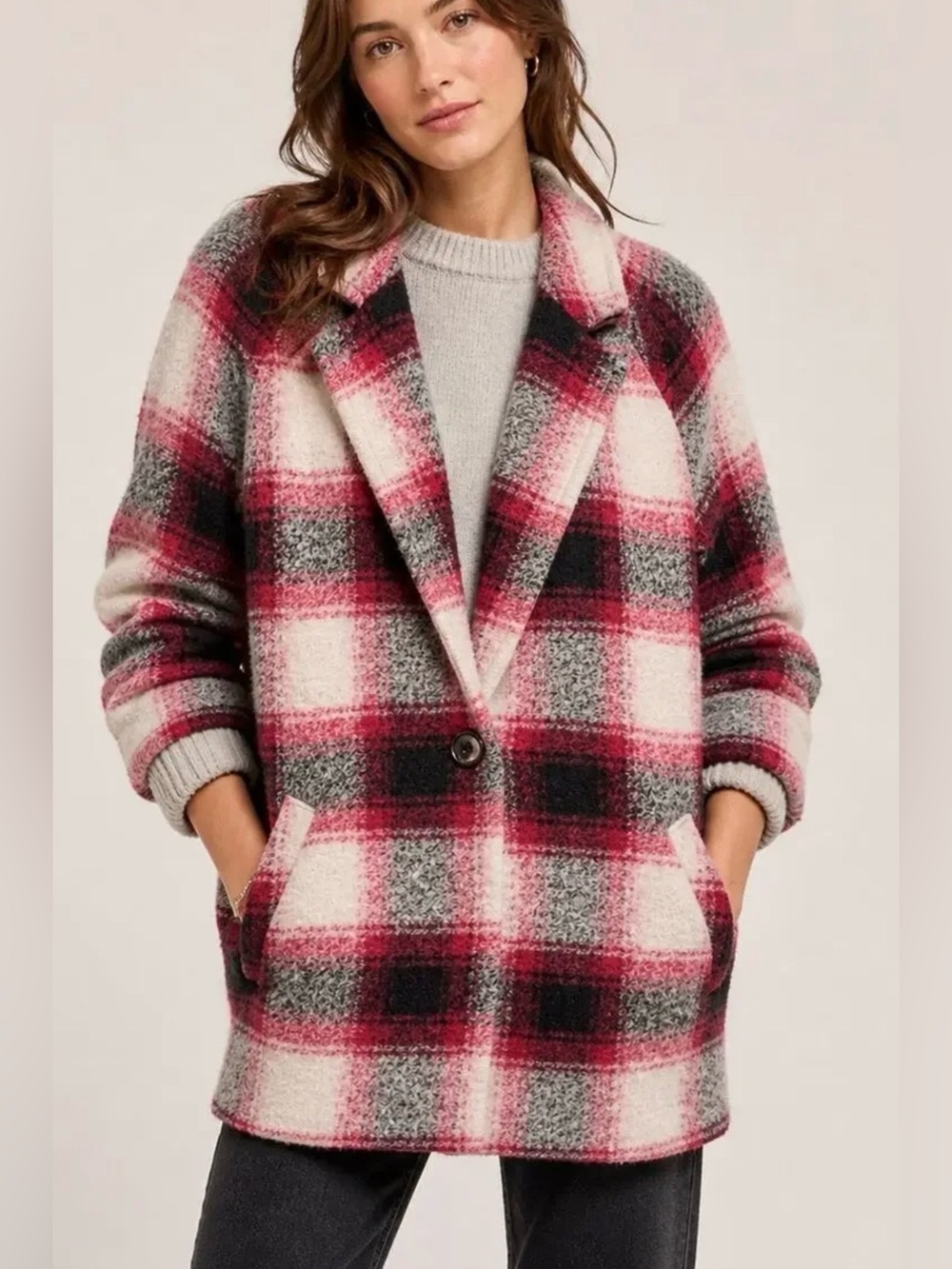 Madewell Gray & Red And Black Plaid Pea Coat size Medium